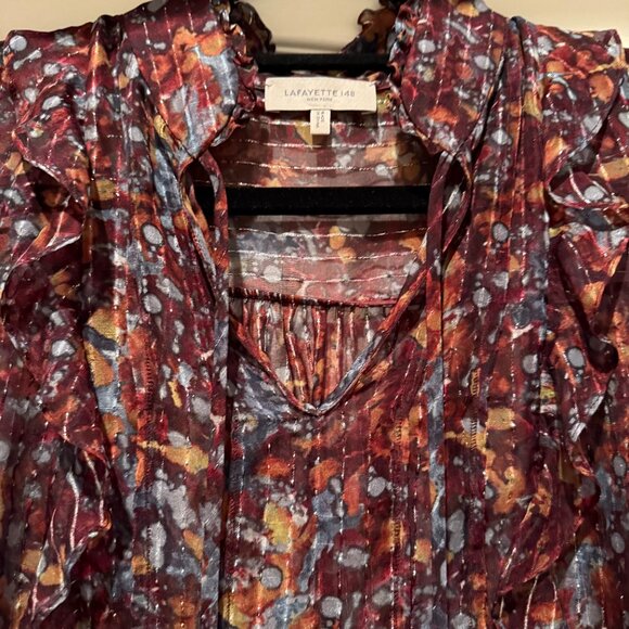 Lafayette 148 | Silk Blend Metallic Sheer Blouse | Brown | Size: S - Picture 10 of 10